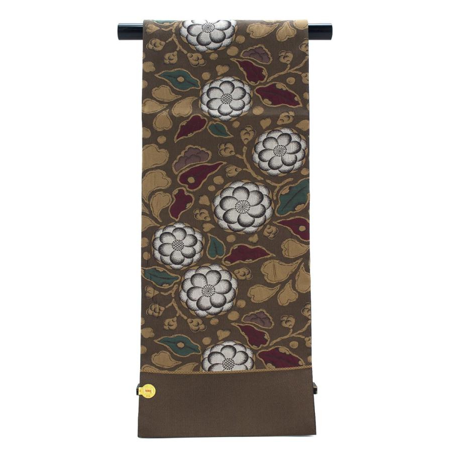 未仕立て】袋帯 こげ茶 ダークブラウン 菊 唐花 辻ヶ花 ふくれ織 弥栄