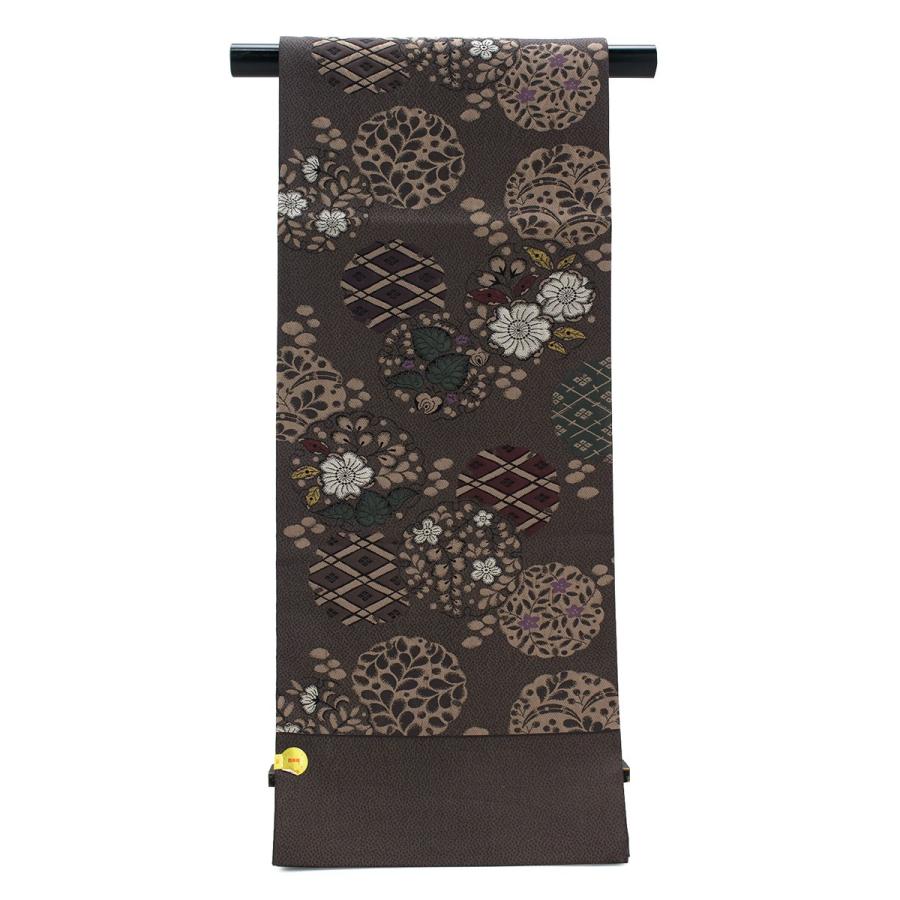 未仕立て】袋帯 こげ茶色 ダークブラウン 雪輪 鉄線花 葵 辻ヶ花