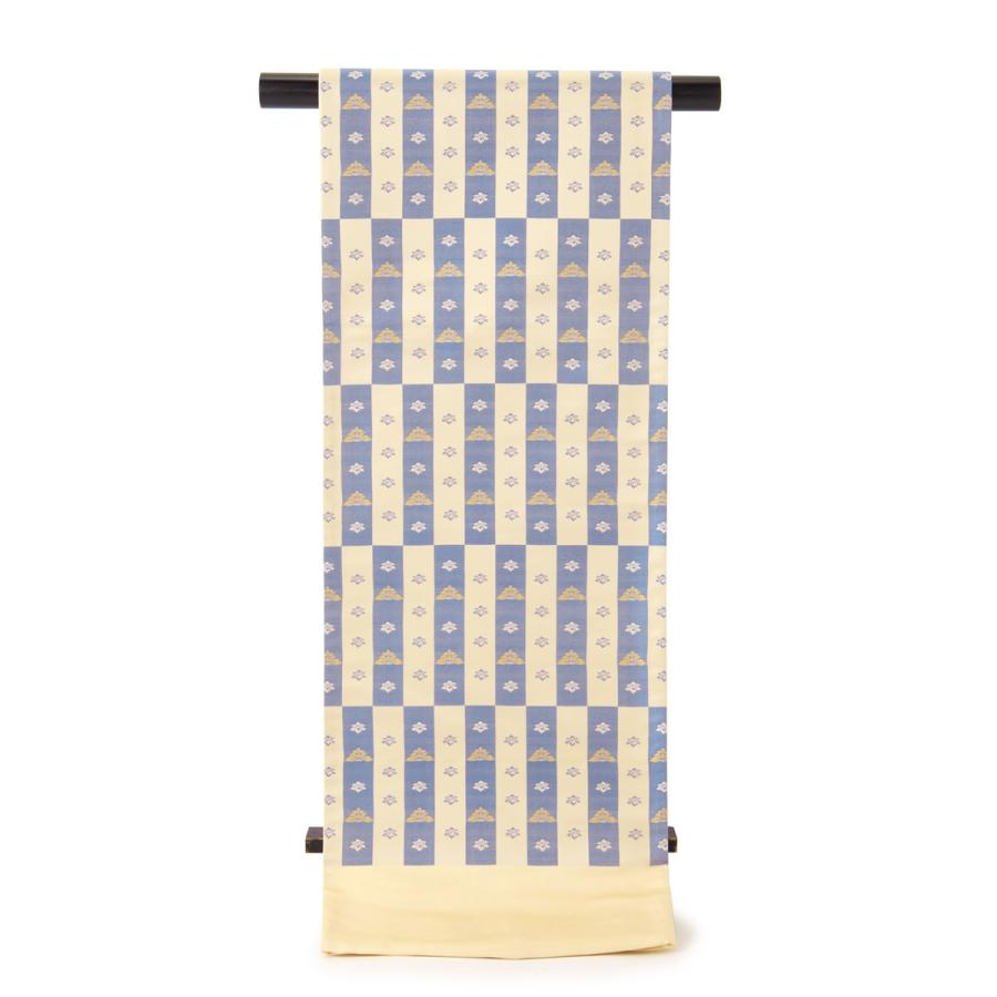 未仕立て】袋帯 長谷川 遊志庵 白茶色 クリーム 薄群青色 市松 花文