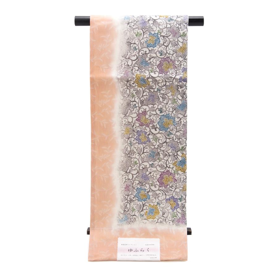 未仕立て】袋帯 訪問着 ピンク系 白系 灰色 花唐草 正絹 弥栄織物謹製  