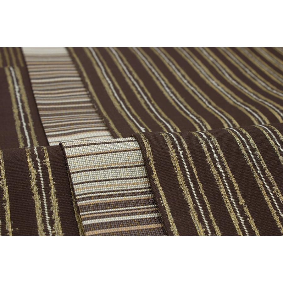 未仕立て】袋帯 茶系 ブラウン 白系 花唐草 縞 江戸更紗 切嵌工芸 両面