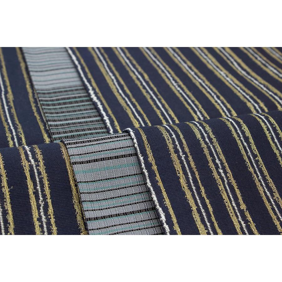 未仕立て】袋帯 紺 ネイビー 金 水色 たんぽぽ 縞 小花 江戸更紗 切嵌