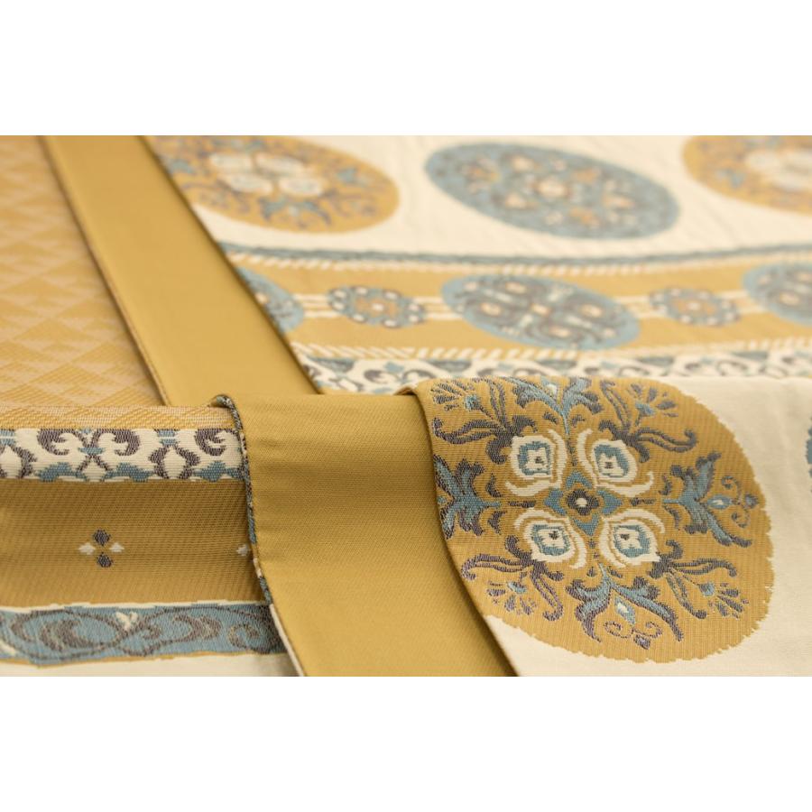 未仕立て】袋帯 黄土色 オークル 薄茶色 ベージュ 灰緑 丸間道 唐花