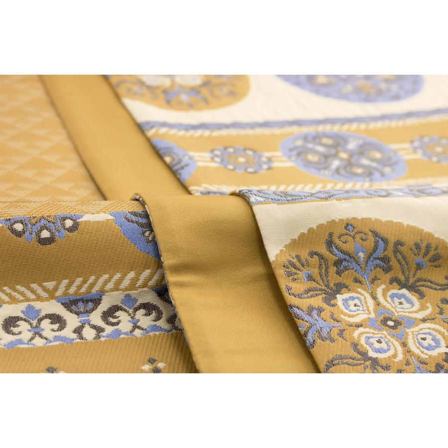 未仕立て】袋帯 黄土色 オークル 薄茶色 ベージュ 青系 丸間道 唐花