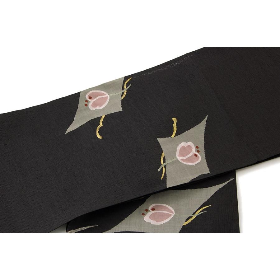 【未仕立て】袋帯 黒 ブラック 流水 花 綴織 正絹 お太鼓柄 カジュアル 夏向き 未仕立て】袋帯 黒 ブラック 流水 花 綴織 正絹 お太鼓柄 カジュアル