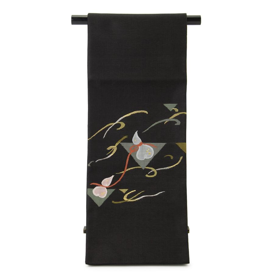 未仕立て】袋帯 黒 ブラック 流水 瓢箪 綴織 正絹 お太鼓柄 カジュアル