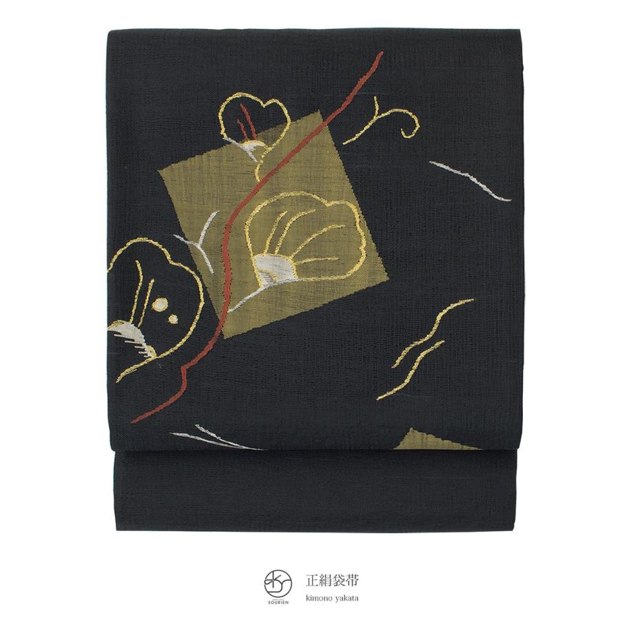 未仕立て】袋帯 黒 ブラック 流水 花 花びら 綴織 正絹 お太鼓柄