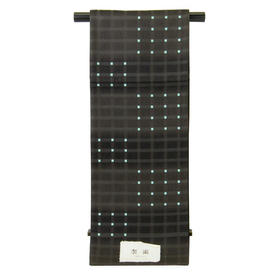 【未仕立て】袋帯 弥栄織物 黒 ブラック 濃灰色 水色 縞 格子 正絹 京都西陣織 有楽 279 六通柄 夏向き 単衣向き 軽め フォーマル カジュアル 日本製 未仕立て】袋帯 弥栄織物 黒 ブラック 濃灰色 水色 縞 格子 正絹 京都