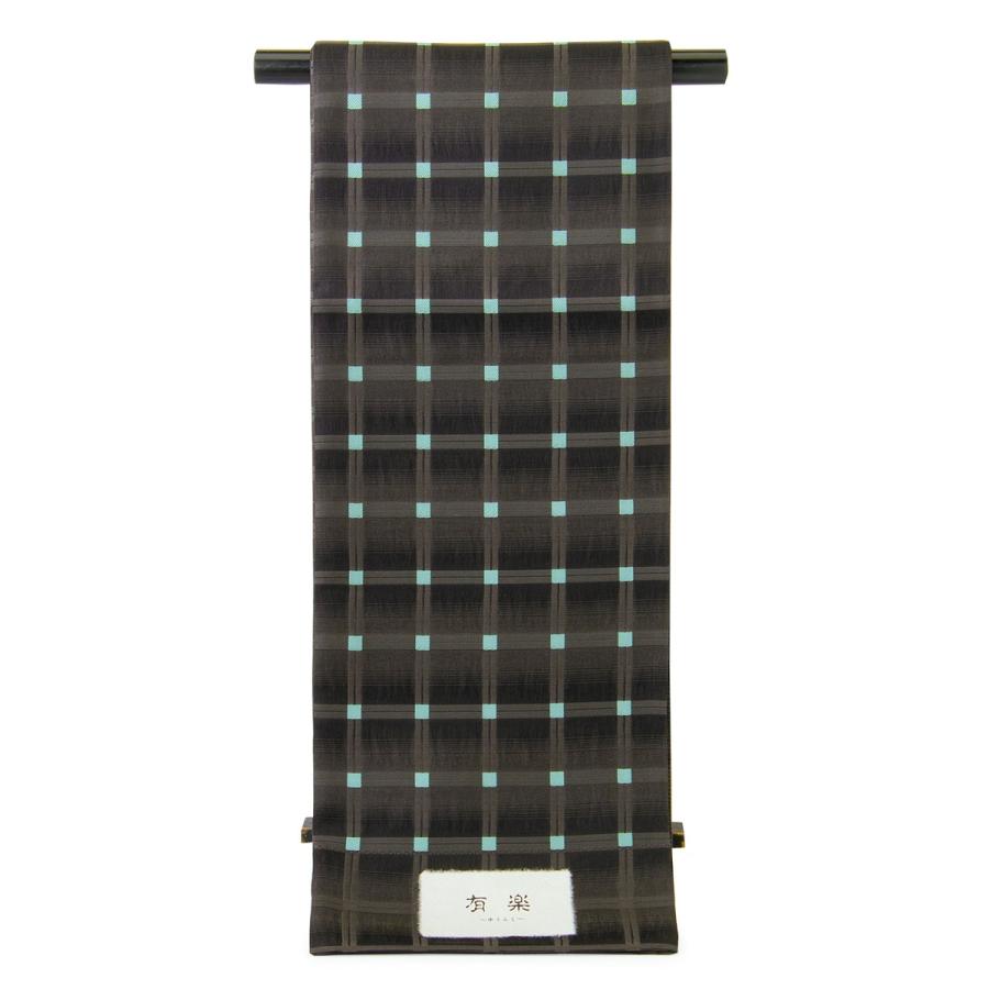 未仕立て】袋帯 弥栄織物 黒 ブラック 濃灰色 水色 格子 チェック 正絹