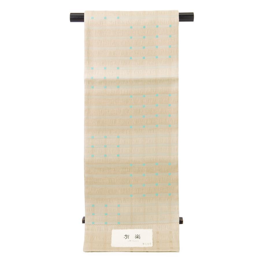 【未仕立て】袋帯 弥栄織物 薄茶色 ベージュ 水色 縞 格子 正絹 京都西陣織 有楽 279 六通柄 夏向き 軽め フォーマル カジュアル 日本製の画像
