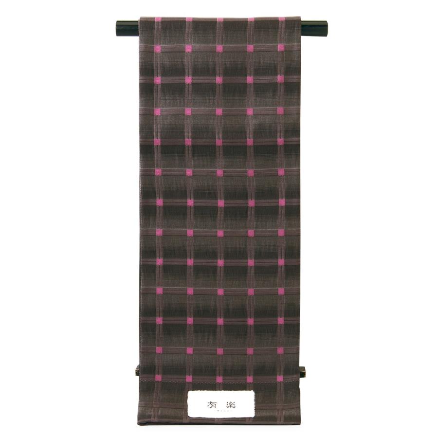 未仕立て】袋帯 弥栄織物 灰紫色 グレー 黒 赤紫色 格子 チェック 正絹