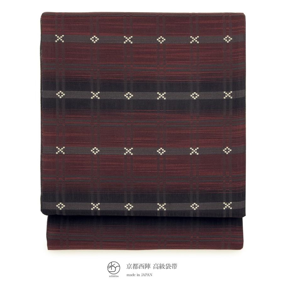【未仕立て】袋帯 弥栄織物 黒 ブラック 赤 レッド 縞 バツ 菱 格子 正絹 京都西陣織 有楽 279 六通柄 夏向き 単衣向き 軽め フォーマル カジュアル 日本製 未仕立て】袋帯 弥栄織物 黒 ブラック 赤 レッド 縞 バツ 菱 格子 正絹