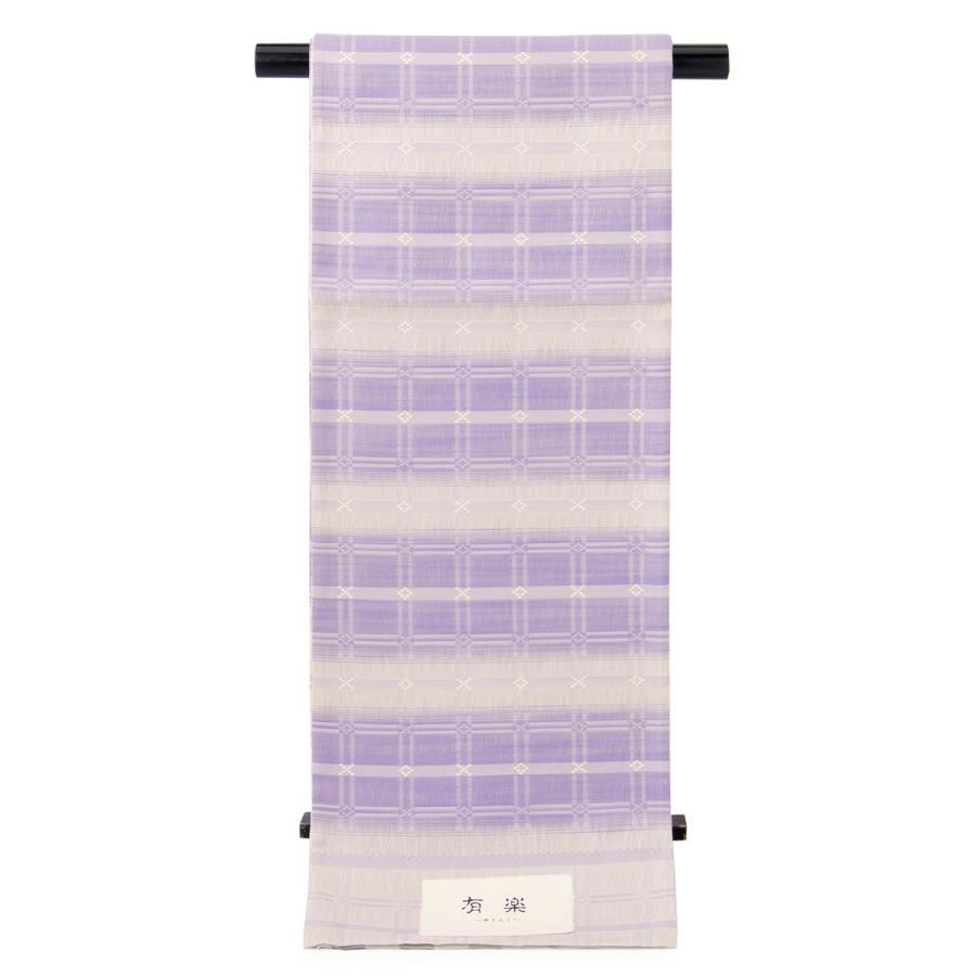 未仕立て】袋帯 弥栄織物 薄紫色 パープル 生成り色 縞 バツ 菱 格子