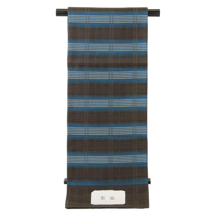 未仕立て】袋帯 弥栄織物 黒 ブラック 青 縞 格子 正絹 京都西陣織