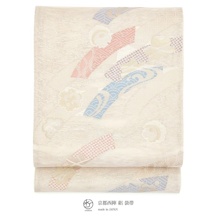 【未仕立て】袋帯 姫野織物 薄茶色 ベージュ 流水 短冊 雪輪 青海波 立波 絽 京都西陣織 555 六通柄 夏向き フォーマルカジュアル 日本製 未仕立て】袋帯 姫野織物 薄茶色 流水 短冊 雪輪 青海波 立波 絽 京都