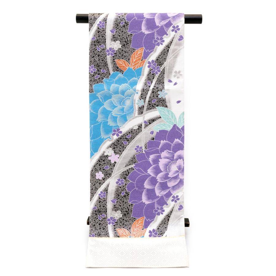 未仕立て】袋帯 振袖用 佐々木染織謹製 銀色 シルバー 水色 紫色 黒 花