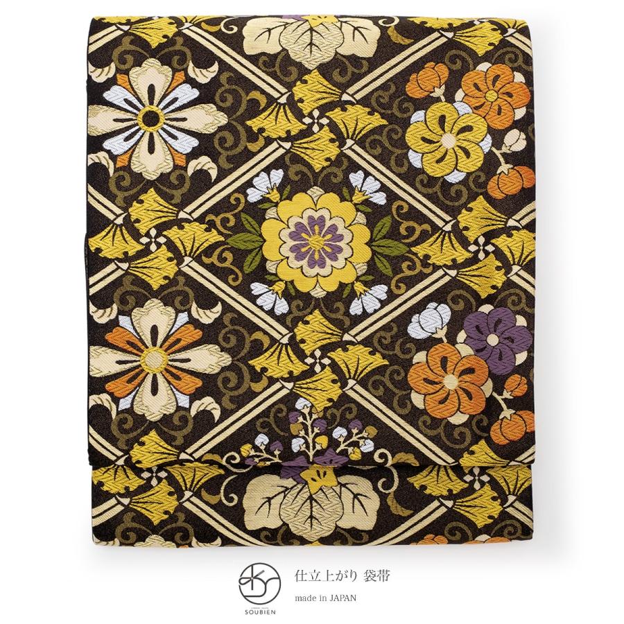袋帯 振袖用 フォーマル 訪問着用 付け下げ 色無地 成人式 全通柄 小杉織物謹製 黒 ブラック 金色 ゴールド 花菱 仕立て上がり 日本製 送料無料 袋帯 振袖用 フォーマル 訪問着用 付け下げ 色無地 成人式 全通柄 小杉