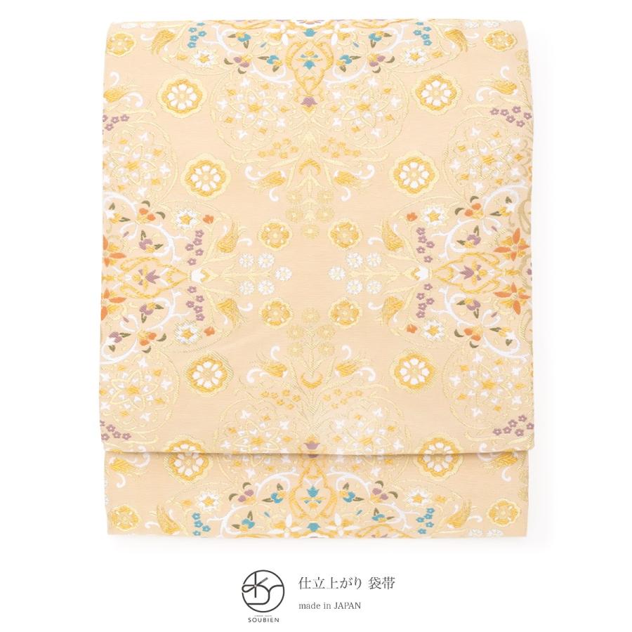袋帯 フォーマル 訪問着用 付け下げ 色無地 小杉織物謹製 ベージュ 金色 花唐草 エキゾチック 全通柄 仕立て上がり 日本製 送料無料 袋帯 訪問着 フォーマル 付け下げ 色無地 小杉織物謹製 ベージュ 金色