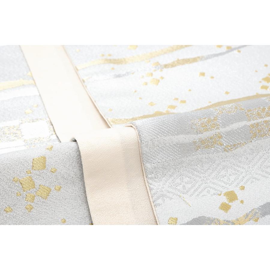 袋帯 訪問着 フォーマル 付け下げ 色無地 小杉織物謹製 銀色 よろけ縞