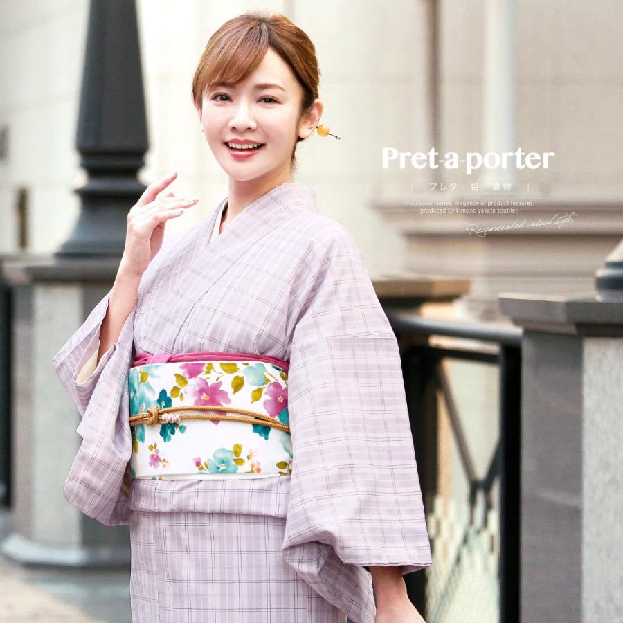 洗える着物 袷 着物 洗える プレタ着物 小紋 bonheur saisons（ボヌールセゾン） 格子 青 Mサイズ Lサイズ  レディース 洗える着物 プレタ着物 小紋 袷 bonheur saisons（ボヌールセゾン