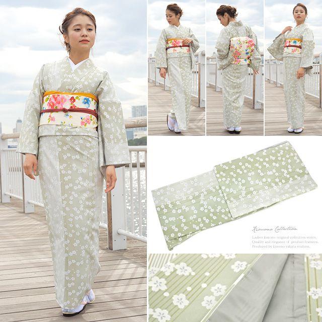 洗える着物 黄緑 染め縮緬 桜 袷 プレタ着物 :pt261ok-3501:きもの館 創美苑 通販 洗える着物 黄緑 染め縮緬 桜 袷 プレタ着物