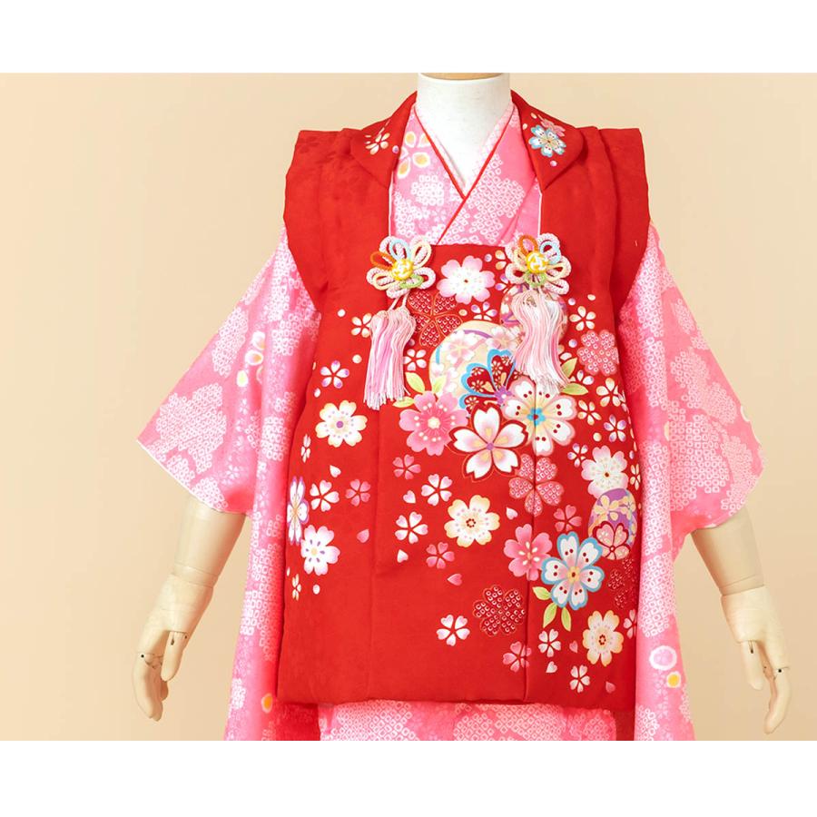 七五三　3歳女の子　着物・被布セット　赤とピンク　可愛い手鞠　桜　鹿子柄　新品 七五三 3歳女の子 着物・被布セット 赤とピンク 可愛い手鞠 桜 鹿子柄