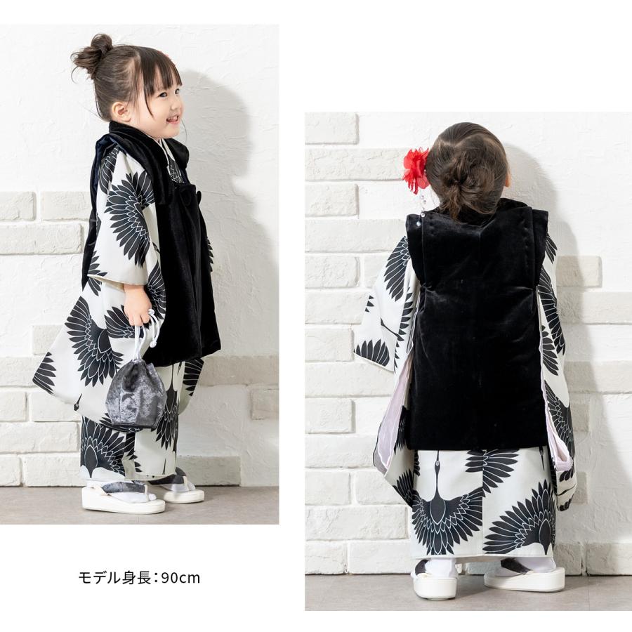 七五三 着物 3歳 レンタル 女の子 被布 フルセット 黒 白系 鶴 七五三 着物 3歳 レンタル 女の子 被布 フルセット 黒 白系 鶴
