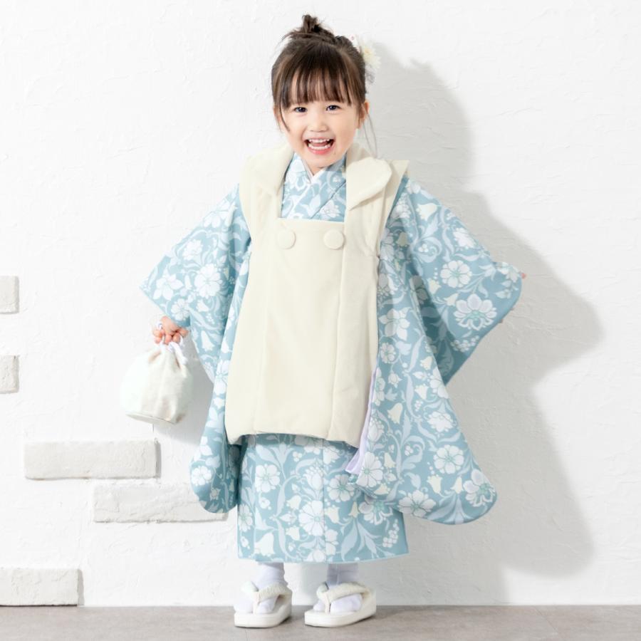 七五三 着物 3歳 レンタル 女の子 被布 フルセット 白 青系 花 七五三 着物 3歳 レンタル 女の子 被布 フルセット 白 青系 花
