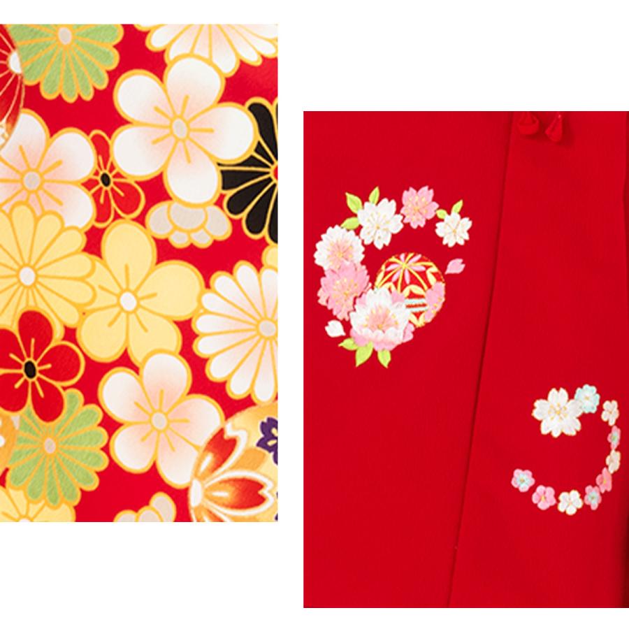 七五三　3歳女の子　着物セット　赤色　可愛い手鞠　桜　鹿子柄　新品 SOUBIEN レンタル 七五三 女の子 3歳 着物 被布 フルセット 赤