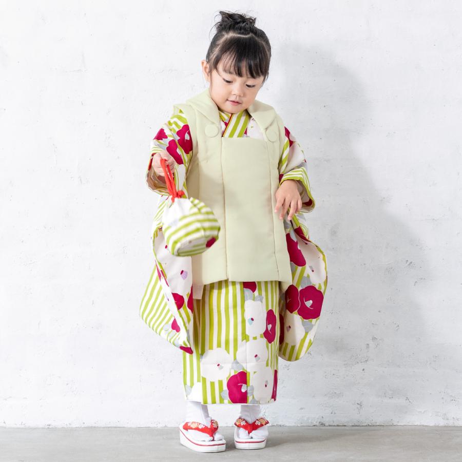 七五三 着物 3歳 レンタル 女の子 被布 フルセット 薄緑 緑 椿 七五三 着物 3歳 レンタル 女の子 被布 フルセット 薄緑 緑 椿