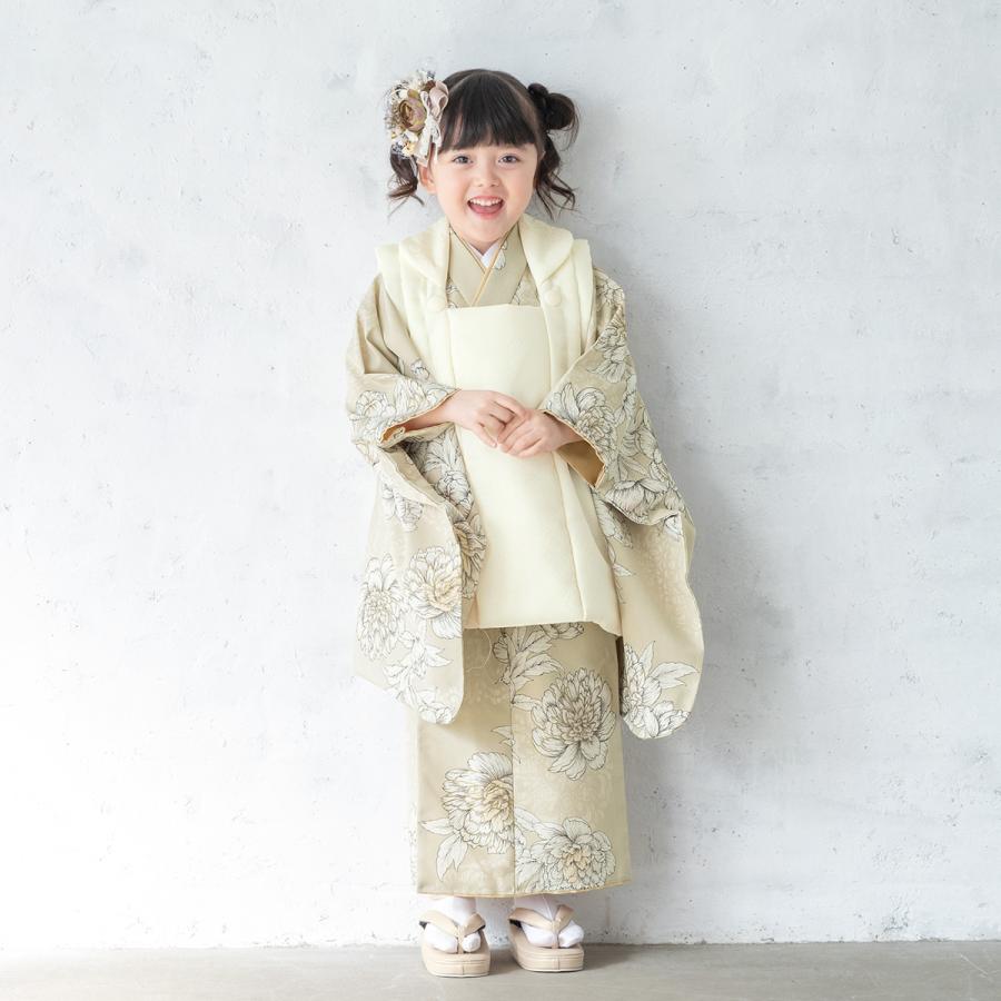 七五三　３歳　着物　被布　アンティーク　クリーム色 SOUBIEN（創美苑） レンタル 七五三 女の子 3歳 着物 被布 フルセット