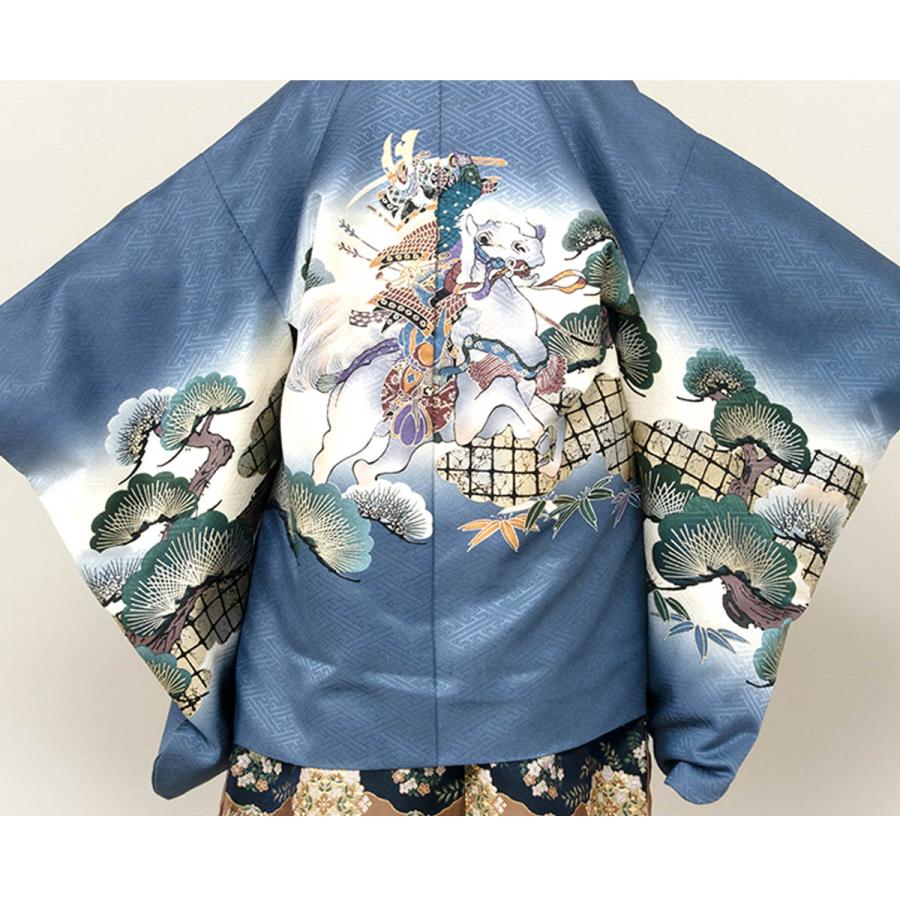 七五三　男の子　5歳　羽織袴フルセット　水色　馬に武将宝尽くし　8RA2 七五三 着物 男の子 5歳 羽織袴セット「水色 波に帆船」フル