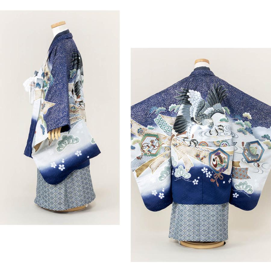 ネイビー♡七五三　5歳　男の子　フルセット　一式　青系　紺色　鷹 七五三 5歳 男の子 フルセット 羽織 着物と縞袴のセット【紺、鷹