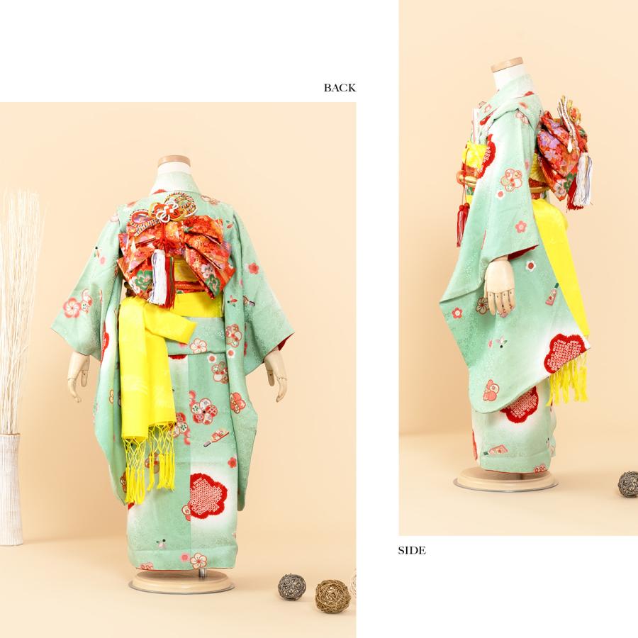 七五三 5歳　女の子　着物セット　緑　黄色　レトロ　モダン　絞り　髪飾り　作り帯 七五三 5歳 女の子 着物セット 緑 黄色 レトロ モダン 絞り 髪
