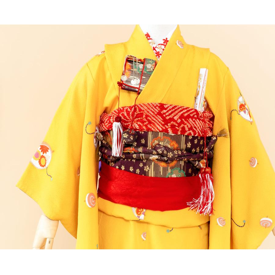 七五三　5歳　小柄7歳　女の子 着物　黄色 アンティーク　古典　レトロ　イエロー レンタル】七五三着物 7歳 女の子 オリジナル 黄色 【Y295-B343（26250