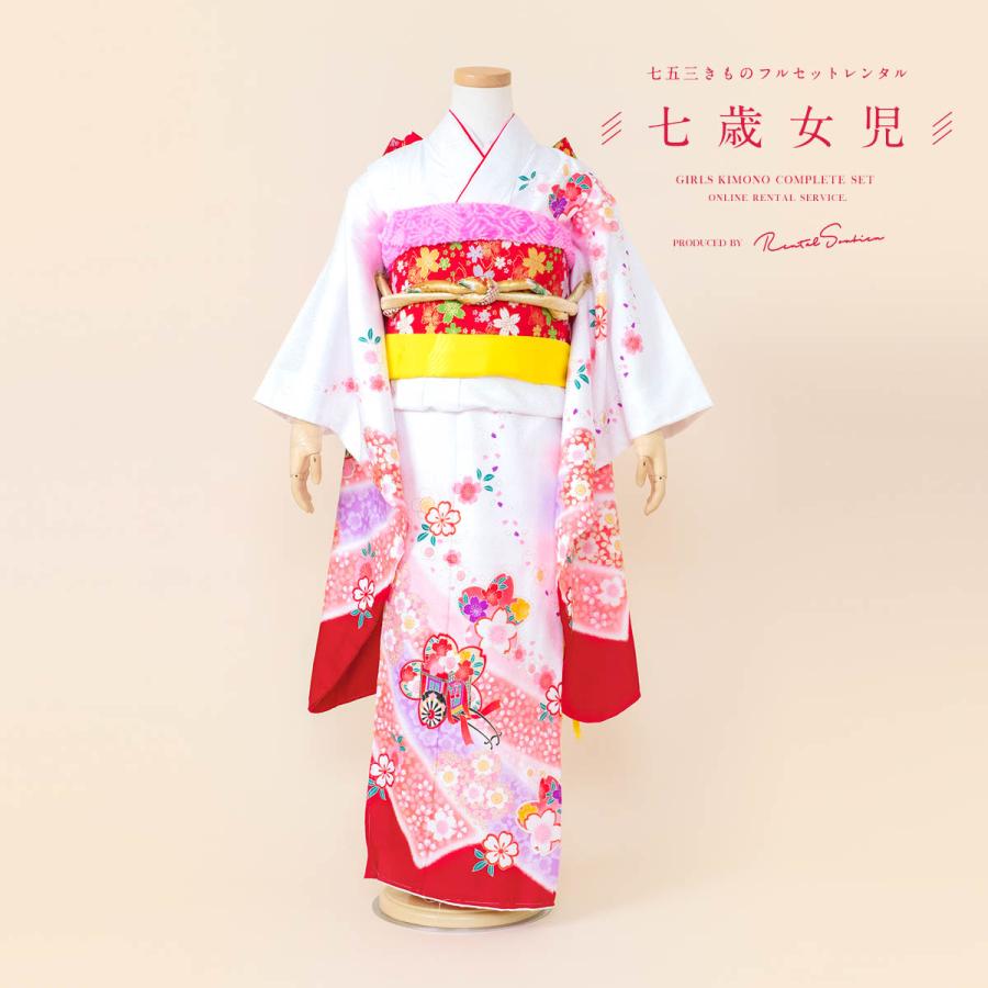 七五三 レンタル 7歳 着物 女の子 フルセット 白 ホワイト 赤 花車 桜  