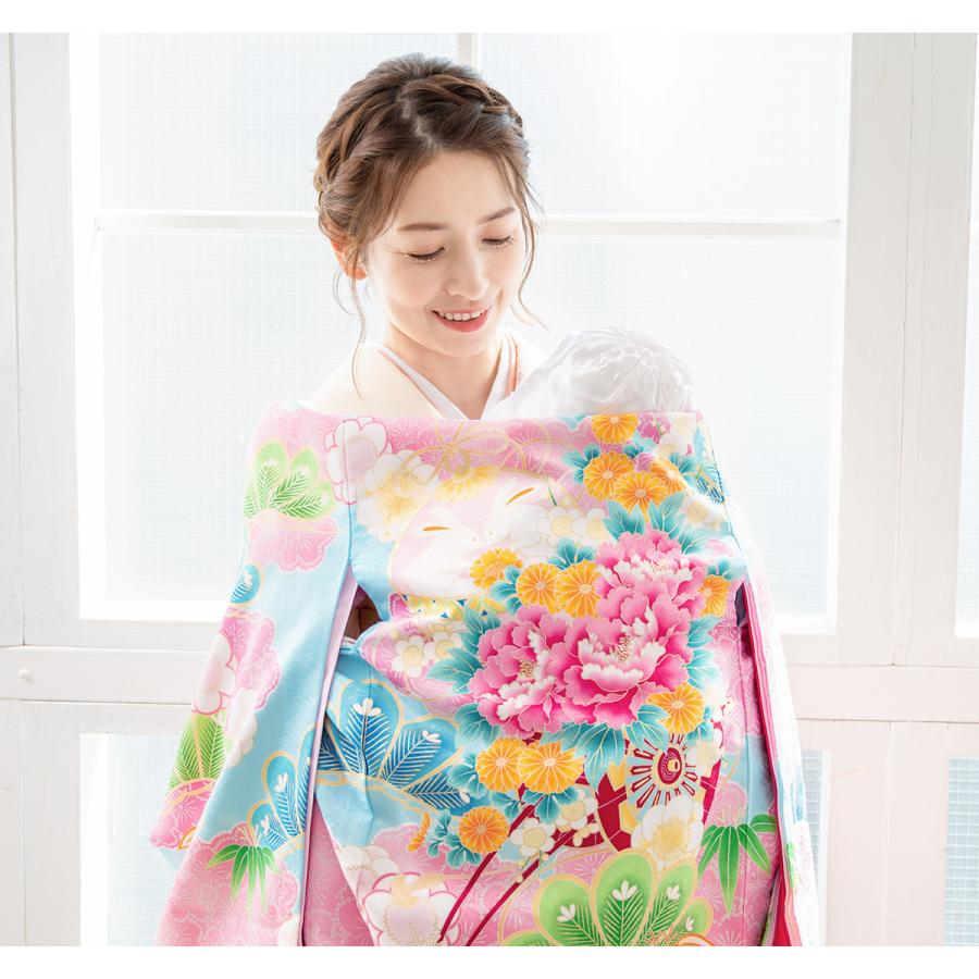 産着 女 女の子 販売 初着 水色 ライトブルー 花車 牡丹 梅 掛け着 うぶぎ 祝着 お宮参り ポリエステル お祝い 赤ちゃん_1