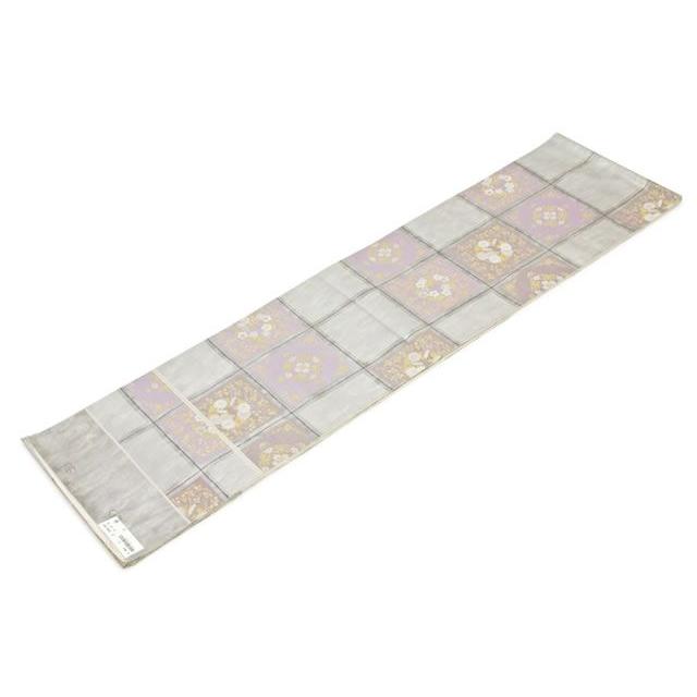 袋帯 訳あり 未仕立て グレー 格子 蔓 唐花 となみ織物謹製 西陣 証紙