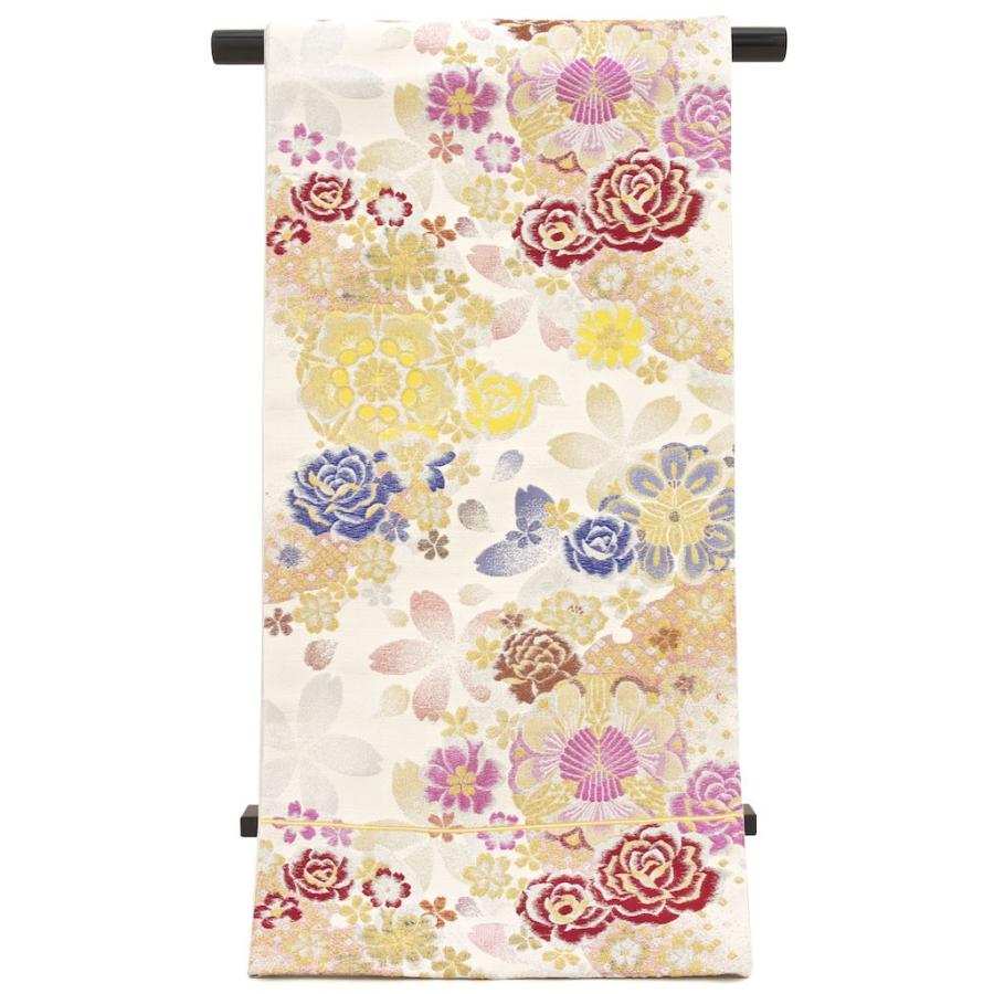 袋帯 訳あり 未仕立て 白 牡丹 薔薇 菊 花 京都西陣織 絹 六通柄 成人