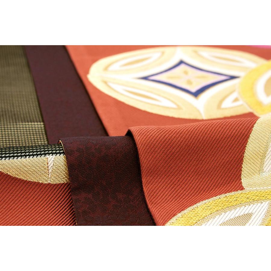 袋帯 訳あり 未仕立て 赤茶色 ブラウン 薄黄色 七宝 六通柄 正絹 京都
