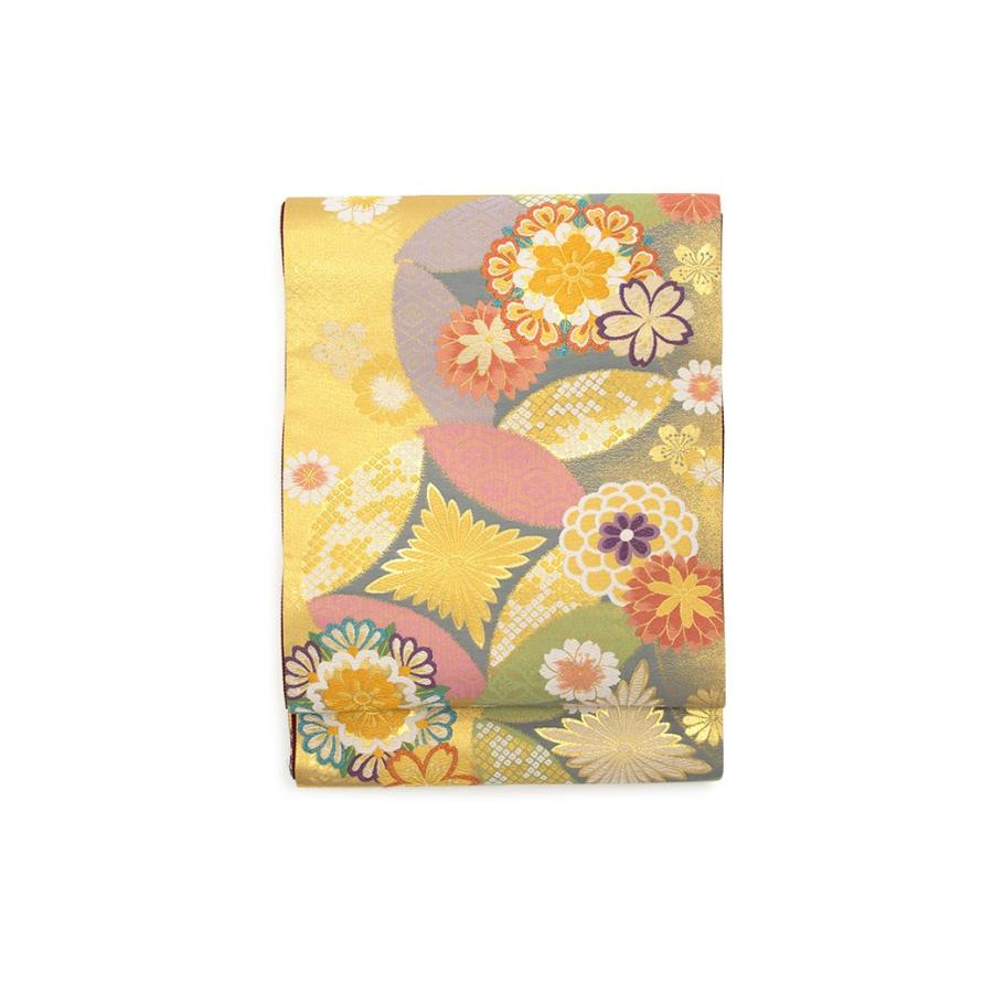 袋帯 訳あり 未仕立て 金色/ゴールド/水色/破れ七宝繋ぎ/菊/花菱/桜/絹