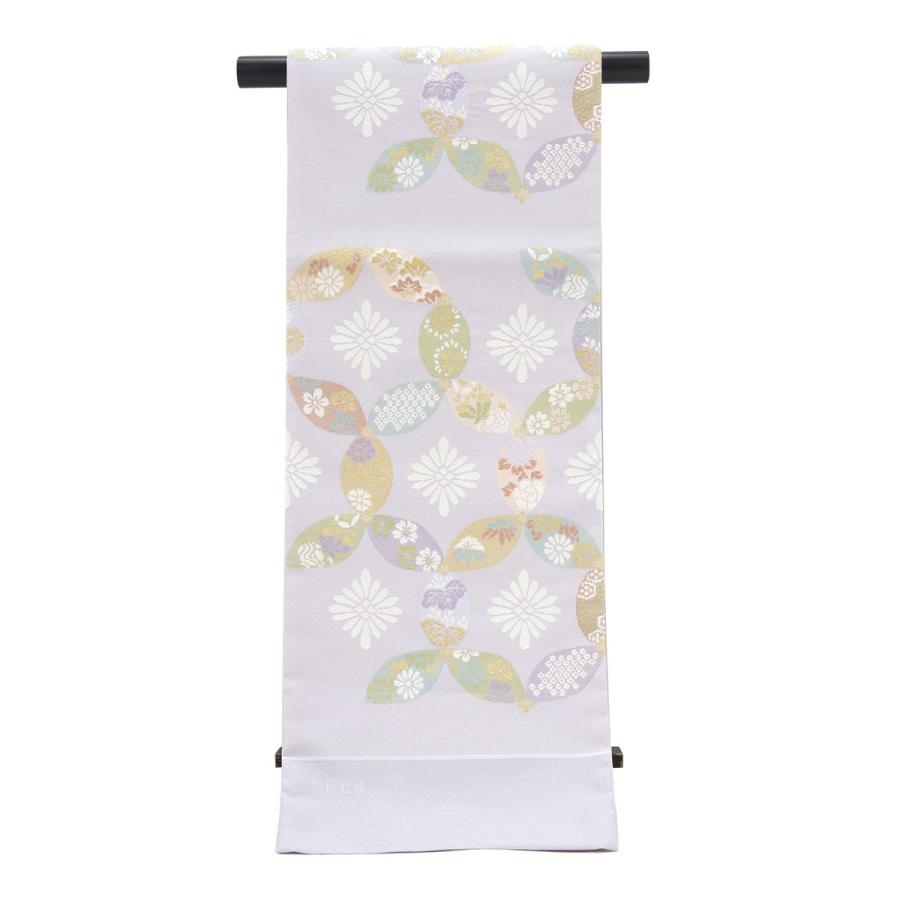 訳あり 袋帯 未仕立て 橋本テル織物 薄紫色 ライトパープル 破れ七宝繋ぎ 菊 桜 葵 菊菱 正絹 京都西陣織 602 フォーマル 六通柄 日本製の画像