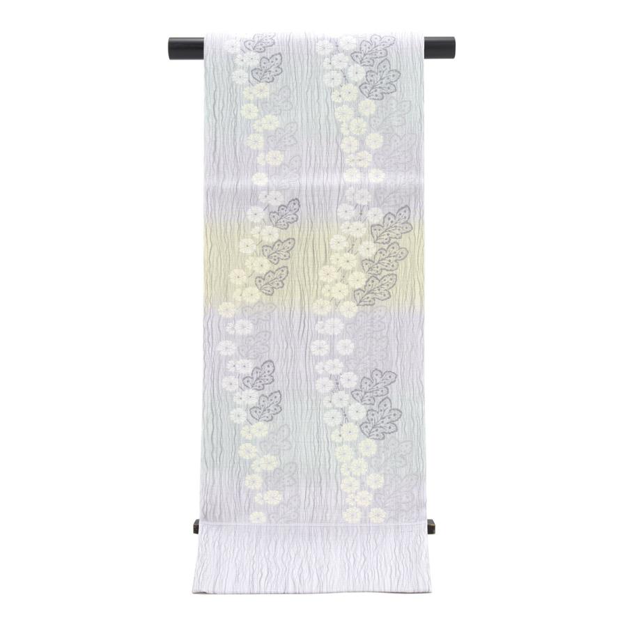 訳あり 袋帯 未仕立て 橋本テル織物 薄灰紫色 菊 正絹 和紙織 すくい