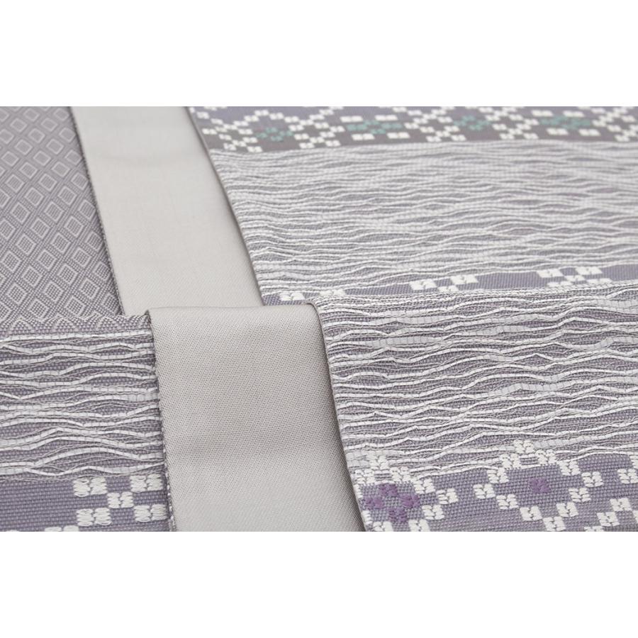 訳あり 袋帯 未仕立て 橋本テル織物 灰色 グレー 段 格子 角繋ぎ 正絹