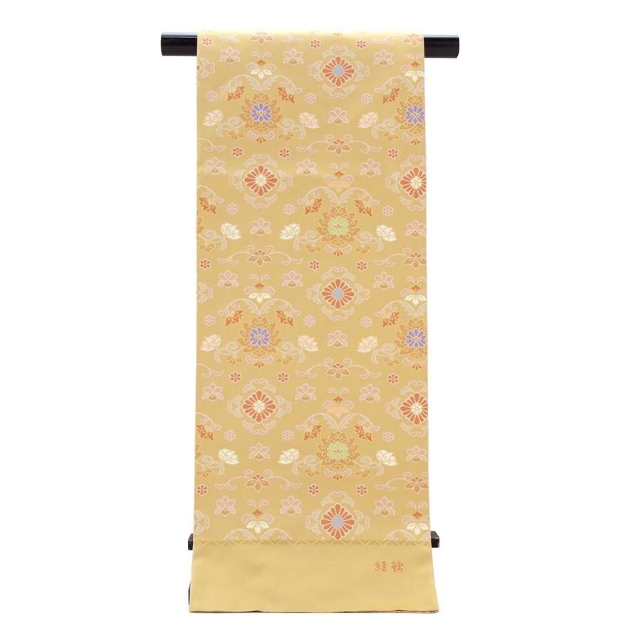 訳あり 袋帯 未仕立て 茶系 ライトブラウン 唐草華文 更紗 経錦 金箔