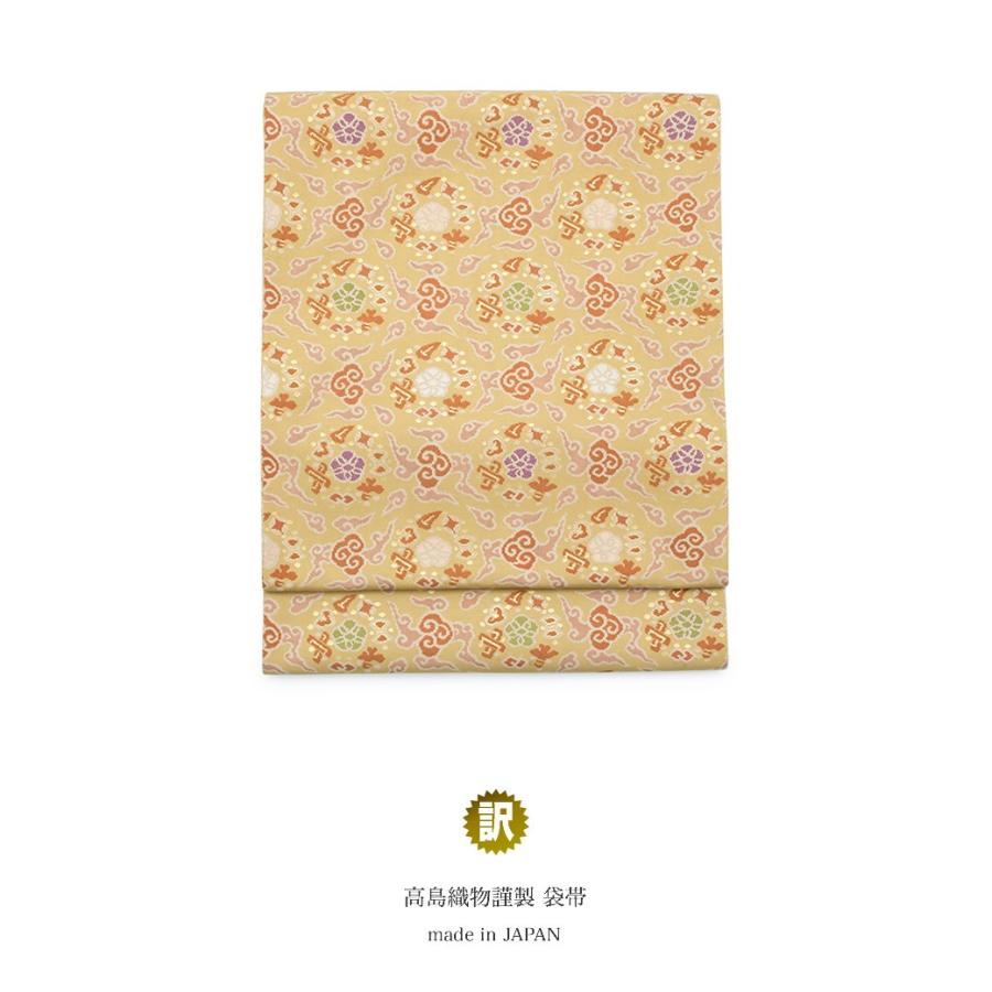 511my34◇本金箔 緑茶染 鳥襷 唐織七宝 菊花菱 金糸 銀糸 六通 袋帯◇ 訳あり 袋帯 未仕立て 茶系 ライトブラウン 七宝宝雲花華文 経錦 金箔