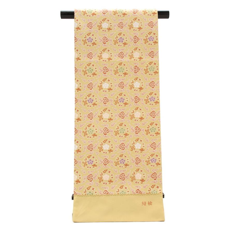 訳あり 袋帯 未仕立て 茶系 ライトブラウン 七宝宝雲花華文 経錦 金箔