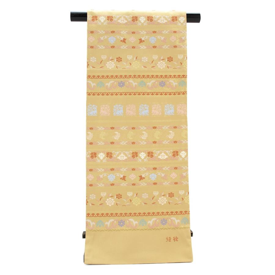 訳あり 袋帯 未仕立て 茶系 ライトブラウン 名物裂横段 経錦 金箔 高島