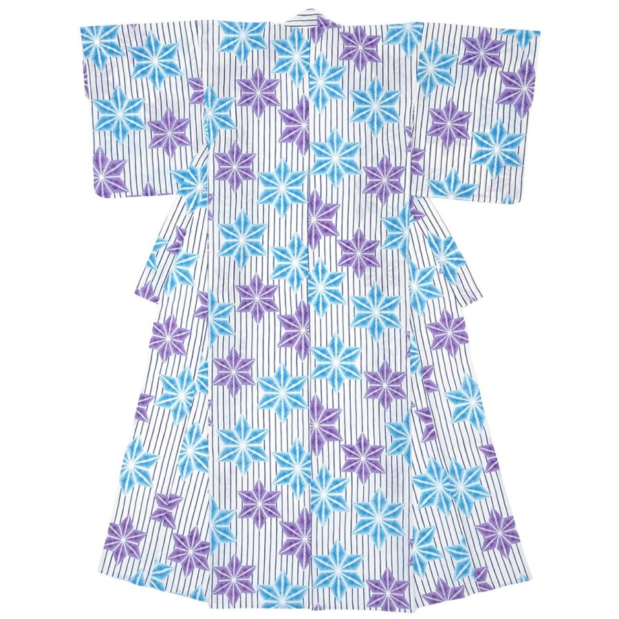 浴衣 レディース ホワイト 白 ブルー 青 パープル 紫 麻の葉 縞 ストライプ 綿 夏祭り 花火大会 女性用 仕立て上がり【フリーサイズ】【送料無料】 SOUBIEN（創美苑） 浴衣 レディース ホワイト 白 ブルー 青 パープル