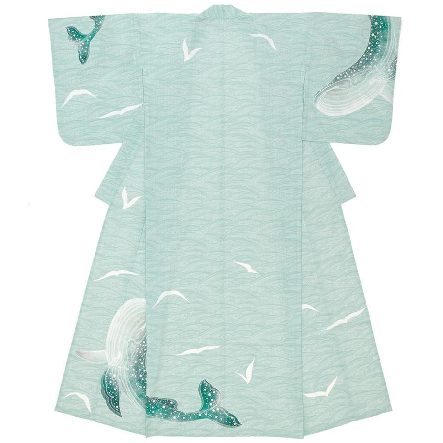 浴衣 レディース 単品 ミント 薄青緑 波 クジラ 鯨 絵羽柄 綿 浴衣 レディース 単品 ミント 薄青緑 波 クジラ 鯨 絵羽柄 綿
